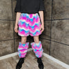 Festival faux fur joggers luminous detachable rave pants handmade fluorescent fleece party shorts premium Pride overalls in electric pink