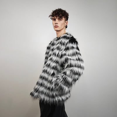 Shaggy faux fur jacket black white detachable hood striped collarless coat zebra bomber rave fleece festival pullover burning man overcoat