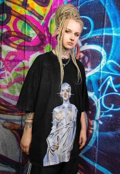 Robot t-shirt Ex machina print tee punk Alien top acid black