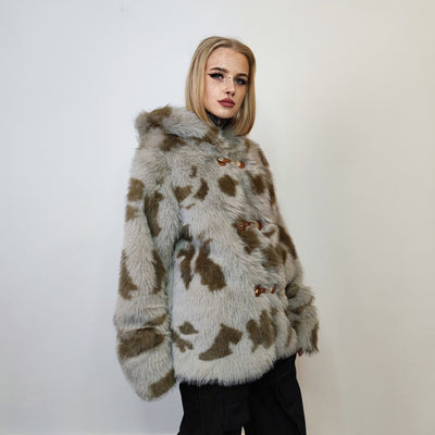 Faux fur cow coat fluffy cowhide trench jacket short shaggy animal print bomber festival varsity party fleece peacoat catwalk duffle brown