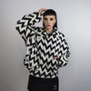 Striped fleece jacket zigzag catwalk bomber geometric fluffy varsity contrast pattern aviator hard fleece grunge coat in black & white