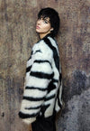 Collarless faux fur jacket fluffy zebra coat stripe bomber