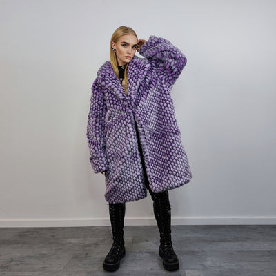 Checked faux fur longline coat geometric trench bright raver bomber fluffy winter fleece festival jacket neon burning man coat in purple