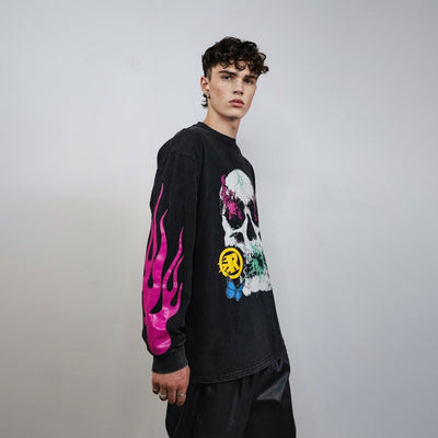 Skull sweatshirt flame print top neon thin skeleton jumper bones sweater psychedelic fluorescent pullover racing biker t-shirt vintage grey