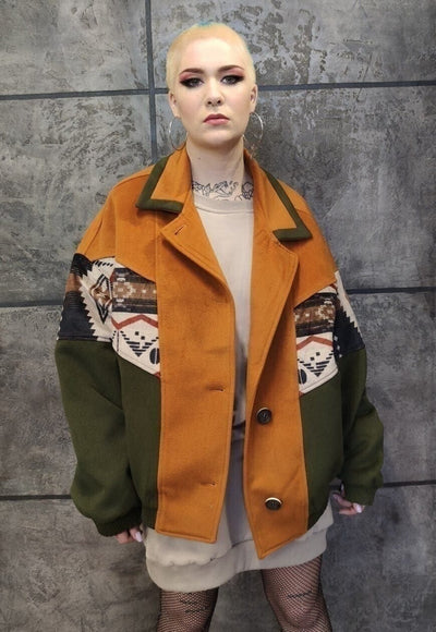 70s Aztec varsity jacket suede feel bomber in khaki green