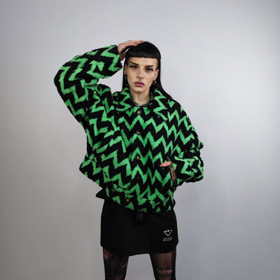 Striped fleece jacket zigzag catwalk bomber geometric fluffy varsity contrast pattern aviator hard fleece grunge coat in black & green