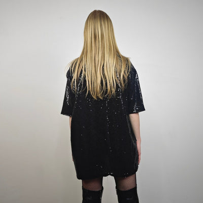 Black sequin t-shirt glitter top sparkle jumper party pullover glam rock jumper fancy dress embellished going out tee in luminous dark