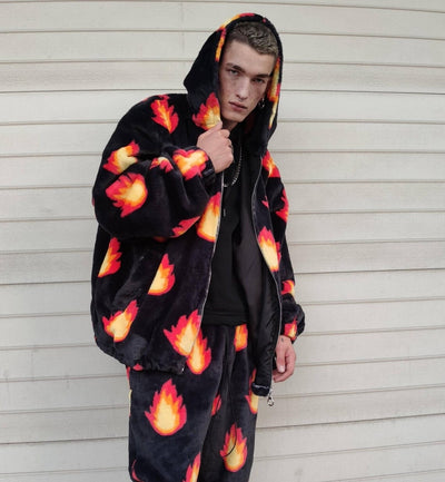 Luxury flame jacket fluffy fire print bomber handmade soft catwalk fleece puffer premium grunge hooded thunder coat in black orange red