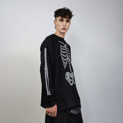 Rib bones t-shirt reflective skeleton sweatshirt thin gothic top luminous skull jumper shiny rave sweater punk pullover rocker tee in black