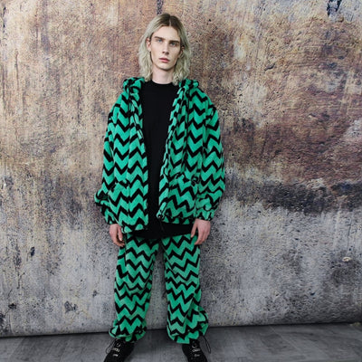 Festival stripe fleece joggers zebra pants handmade zigzag faux fur raver trousers premium party overalls in green black