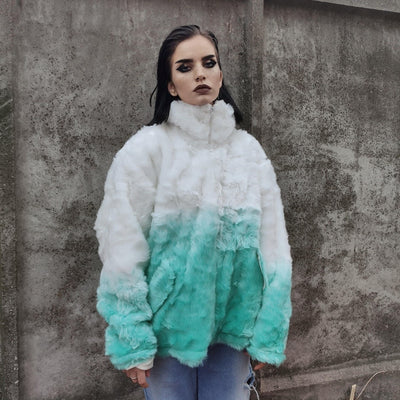 Gradient faux fur jacket tie-dye fluffy bomber festival varsity jacket raised neck fleece coat high fashion Autumn Winter coat white black