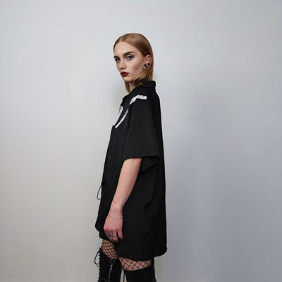 Cargo pocket shirt short sleeve geometric crotchet top mesh blouse oversize beam gothic top bondage sweatshirt utility jumper in black