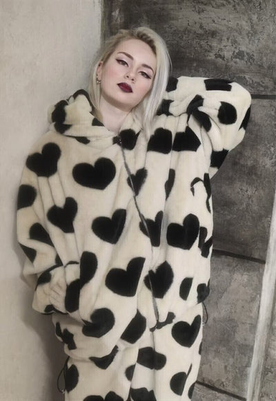 Heart fleece bomber handmade faux fur heart hood coat cream