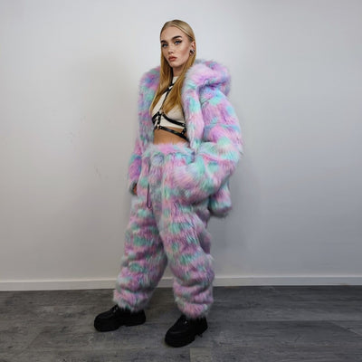 Marshmallow faux fur joggers pastel raver pants fluffy rainbow trousers ski fleece tie-dye overalls festival bottoms burning man pants pink