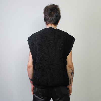 Sleeveless fleece jumper PU leather pocket tank top faux fur vest utility gilet V neck gorpcore top unisex sweater in black