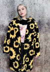 Daisy fleece jacket retro sunflower floral trench coat black