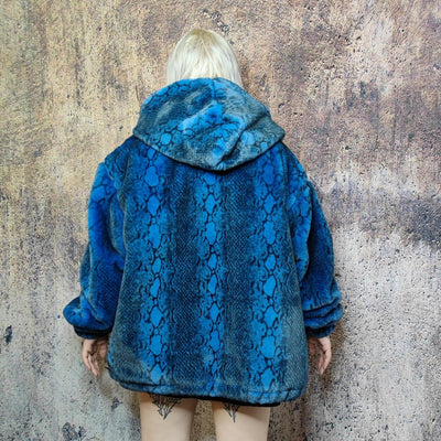 Luxury snake jacket faux fur python print bomber handmade detachable fluffy fleece puffer premium grunge hooded coat in blue