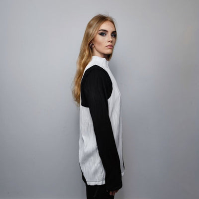 Color block top long sleeve half white half black jumper sheer sweatshirt see-through punk jumper structured going out funeral party t-shirt