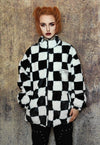 Check fleece jacket checkboard fluffy retro bomber in black