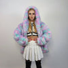 Hooded candy faux fur jacket unicorn bomber neon raver puffer fluffy tie-dye fleece psychedelic festival coat burning man party trench pink