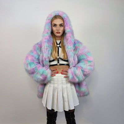 Hooded candy faux fur jacket unicorn bomber neon raver puffer fluffy tie-dye fleece psychedelic festival coat burning man party trench pink