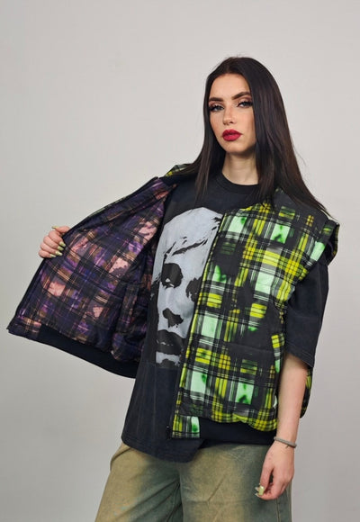 Tie-dye check varsity jacket purple tartan reversible bomber