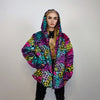 Tiedye hooded faux fur jacket leopard coat rainbow trench animal print bomber fuzzy cheetah fleece festival puffer burning man overcoat pink