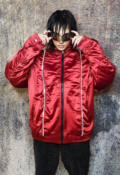 Gorpcore bomber jacket reflective utility varsity in red