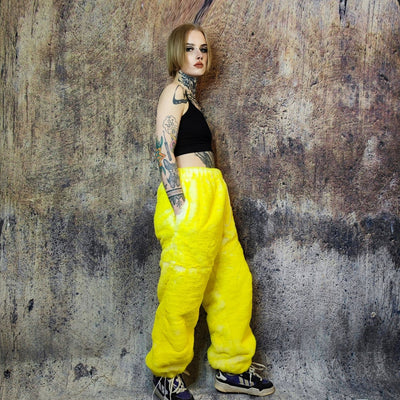 Faux fur joggers luxury detachable party pants handmade Barbie shorts fluffy premium festival overalls neon lemon yellow