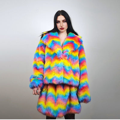 Rainbow faux fur coat cropped unicorn bomber fluffy carnival fleece detachable sleeves festival jacket burning man short luminous overcoat