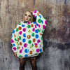 Festival fleece jacket handmade detachable fluffy rave bomber emoji print faux fur premium smiley top party coat in rainbow pattern