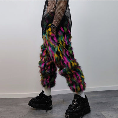 Striped neon fur joggers raver pants fluffy zebra trousers skiing fleece tie-dye overalls festival bottoms burning man pants in black pink