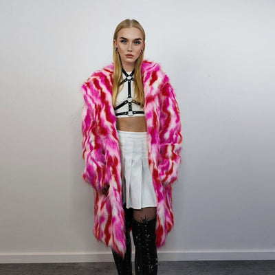 Faux fur long striped coat zebra trench neon raver bomber fluffy tie-dye winter fleece festival jacket burning man going out coat red pink