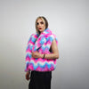 Rainbow faux fur coat crop striped trench festival zigzag jacket furry overcoat carnival bomber party peacoat psycho wide rave fleece pink