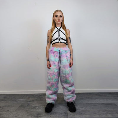 Marshmallow faux fur joggers pastel raver pants fluffy rainbow trousers ski fleece tie-dye overalls festival bottoms burning man pants pink