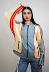 Reworked denim racing jacket colour blocked varsity bomber