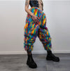 Disco faux fur joggers 70s raver pants fluffy psychedelic trousers ski fleece tie-dye overalls festival bottoms burning man pants blue pink