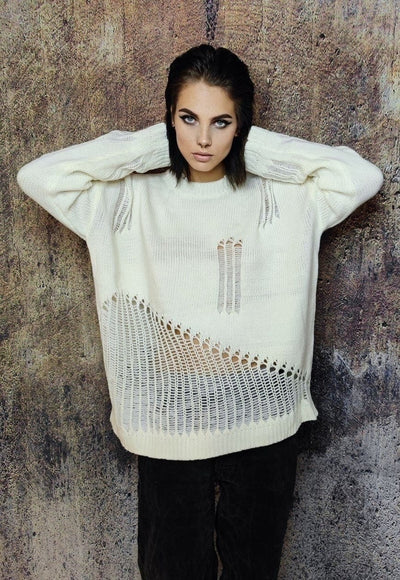 Transparent sweater ripped jumper sheer knitted top in cream