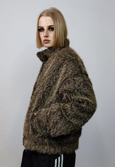 Faux fur bomber jacket fluffy aviator jacket soft coat brown