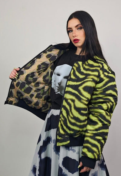 Zebra print varsity jacket green striped reversible bomber