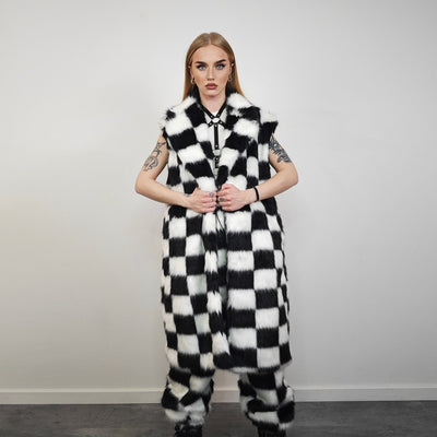 SKA check fur coat plaid long trench chequered gothic overcoat chess pattern bomber festival geometric jacket customizable geometric peacoat