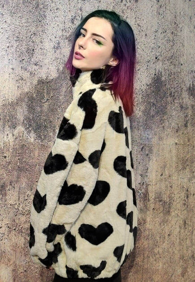 Faux fur heart coat retro fluffy fleece grunge bomber cream