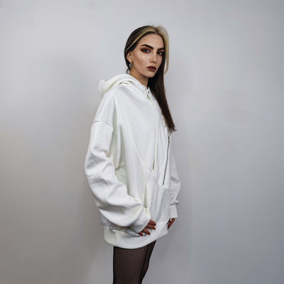 Asymmetric utility hoodie extreme zipper pullover raised neck jumper gorpcore sweatshirt cyberpunk ninja top Japanese Yamamoto sweater white