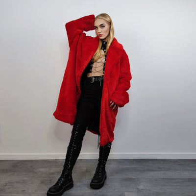 Red faux fur longline coat shaggy trench bright raver bomber fluffy winter fleece festival jacket burning man coat