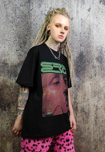 Raver t-shirt Cyber print trippy top grunge tee in black