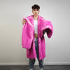 Pink fur coat neon long trench fluorescent psychedelic overcoat heavy rave bomber festival geometric jacket custom going out bright peacoat