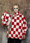 Check fleece hood jacket handmade fluffy chess bomber in red