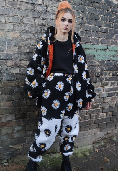 Daisy print fleece jacket handmade sunflower bomber in black