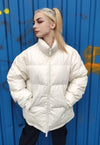 PU leather quilted bomber rubber padded puffer jacket cream