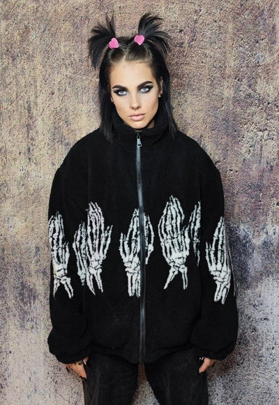 Bones fleece jacket faux fur grunge skeleton bomber in black